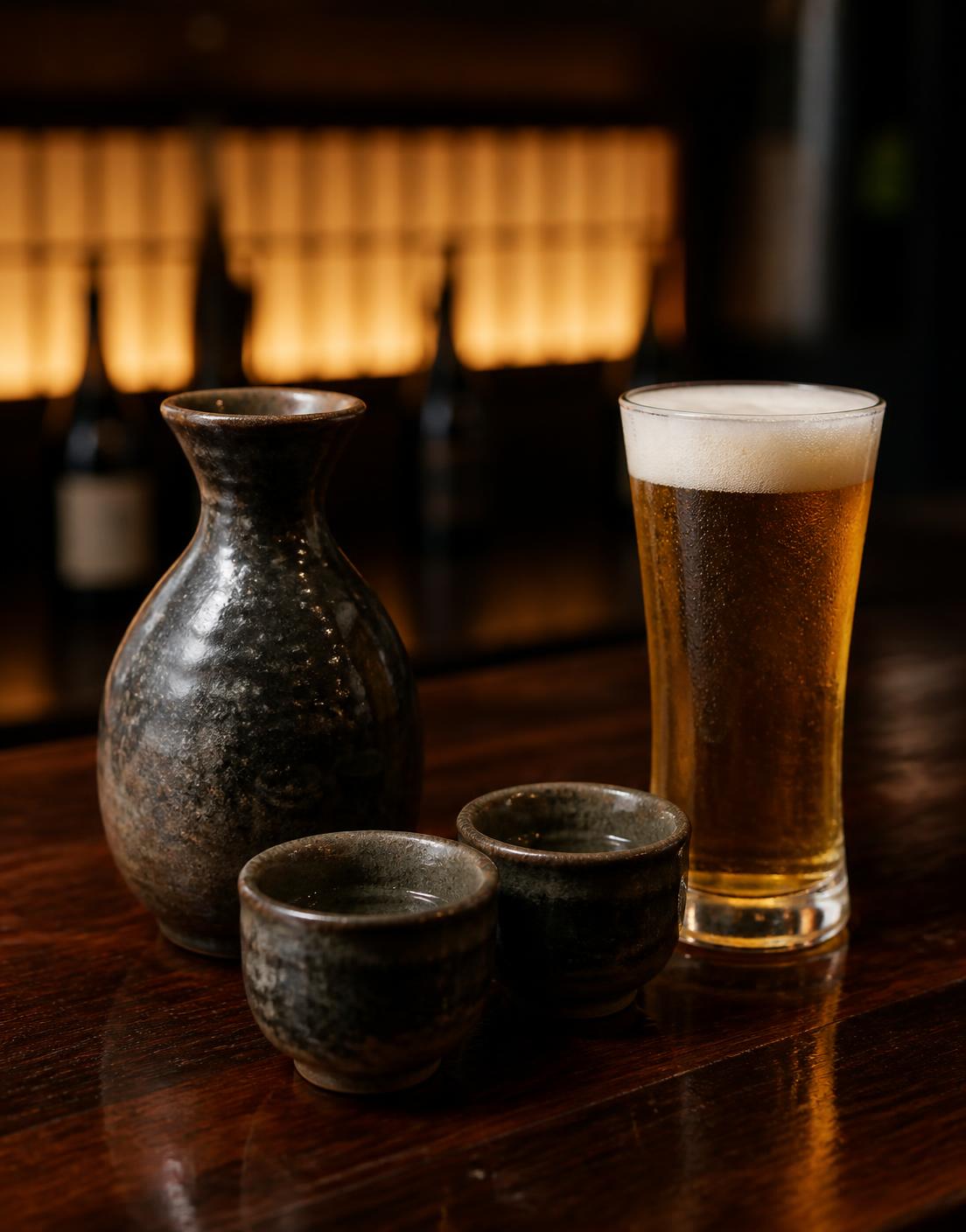 Sake karaf met kopjes en een glas Japans bier